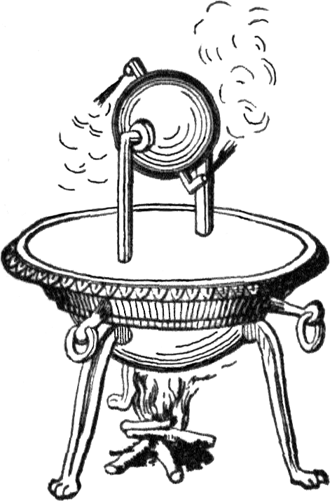 A technical drawing of an Aeolipile, an ancient steam-powered turbine, consisting of a spherical vessel with two bent nozzles, mounted on a boiler.